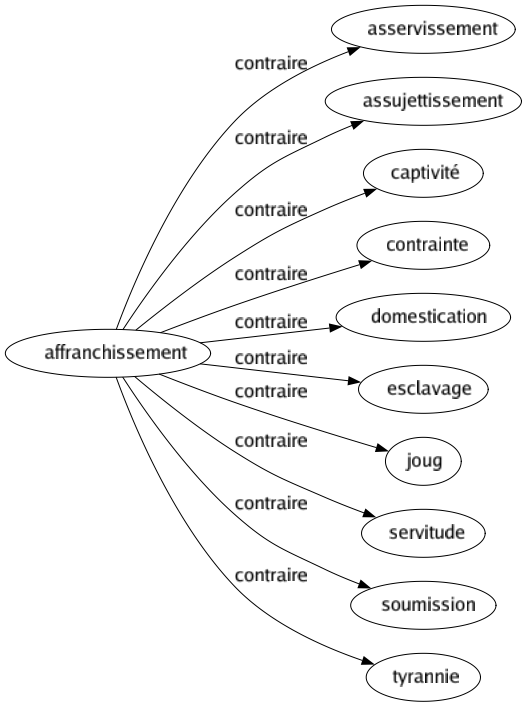 Contraire de Affranchissement : Asservissement Assujettissement Captivité Contrainte Domestication Esclavage Joug Servitude Soumission Tyrannie 