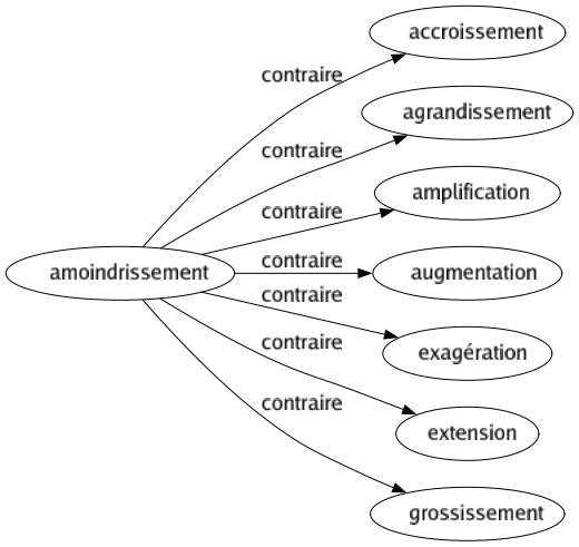 Contraire de Amoindrissement : Accroissement Agrandissement Amplification Augmentation Exagération Extension Grossissement 