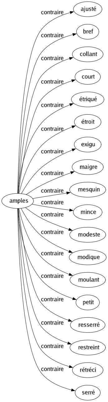 Contraire de Amples : Ajusté Bref Collant Court Étriqué Étroit Exigu Maigre Mesquin Mince Modeste Modique Moulant Petit Resserré Restreint Rétréci Serré 