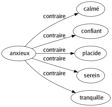 Contraire de Anxieux : Calmé Confiant Placide Serein Tranquille 