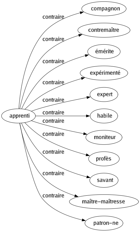 Contraire de Apprenti : Compagnon Contremaître Émérite Expérimenté Expert Habile Moniteur Profès Savant Maître-maîtresse Patron-ne 