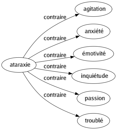 Contraire de Ataraxie : Agitation Anxiété Émotivité Inquiétude Passion Troublé 