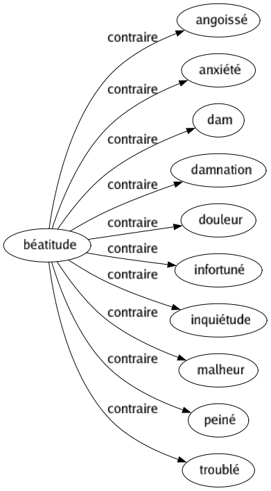 Contraire de Béatitude : Angoissé Anxiété Dam Damnation Douleur Infortuné Inquiétude Malheur Peiné Troublé 