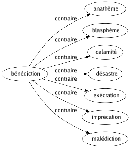 Contraire de Bénédiction : Anathème Blasphème Calamité Désastre Exécration Imprécation Malédiction 
