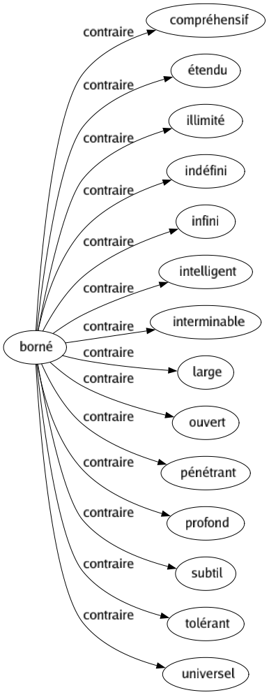 Contraire de Borné : Compréhensif Étendu Illimité Indéfini Infini Intelligent Interminable Large Ouvert Pénétrant Profond Subtil Tolérant Universel 