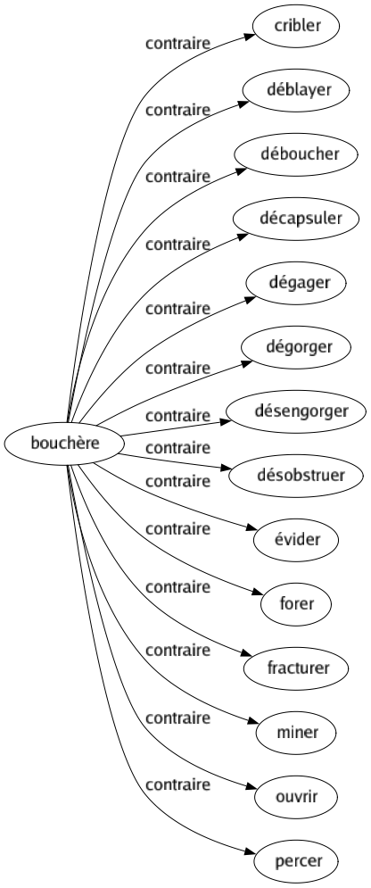 Contraire de Bouchère : Cribler Déblayer Déboucher Décapsuler Dégager Dégorger Désengorger Désobstruer Évider Forer Fracturer Miner Ouvrir Percer 