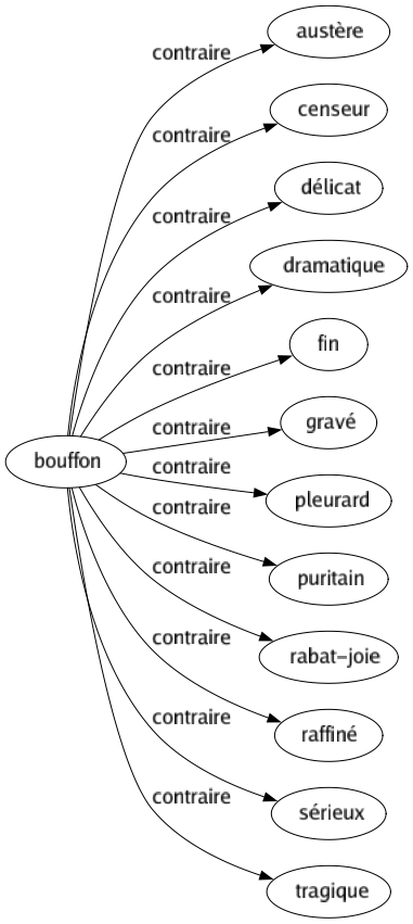 Contraire de Bouffon : Austère Censeur Délicat Dramatique Fin Gravé Pleurard Puritain Rabat-joie Raffiné Sérieux Tragique 
