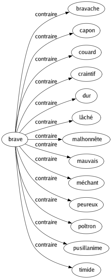 Contraire de Brave : Bravache Capon Couard Craintif Dur Lâché Malhonnête Mauvais Méchant Peureux Poltron Pusillanime Timide 