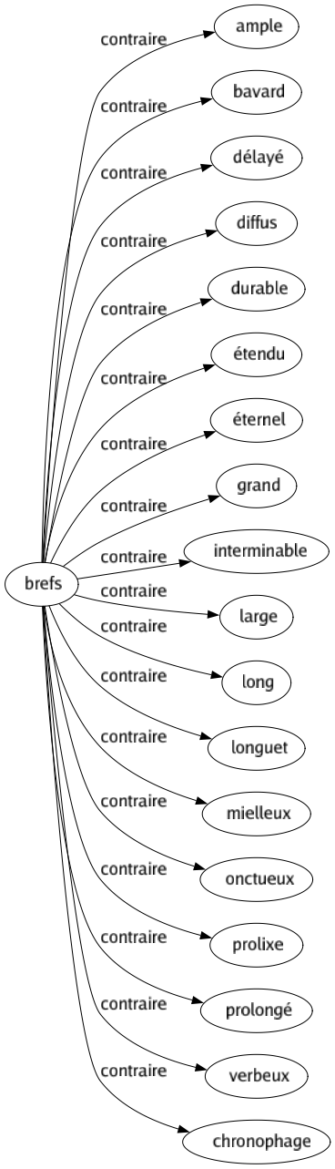 Contraire de Brefs : Ample Bavard Délayé Diffus Durable Étendu Éternel Grand Interminable Large Long Longuet Mielleux Onctueux Prolixe Prolongé Verbeux Chronophage 