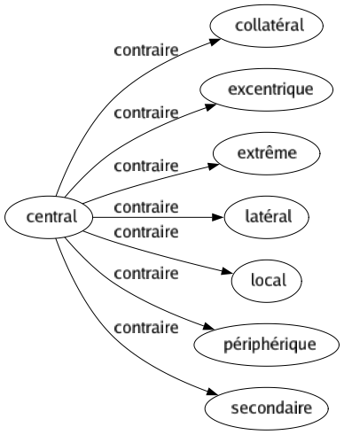 Contraire de Central : Collatéral Excentrique Extrême Latéral Local Périphérique Secondaire 