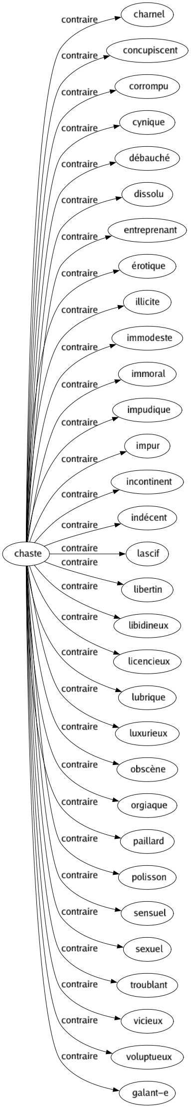 Contraire de Chaste : Charnel Concupiscent Corrompu Cynique Débauché Dissolu Entreprenant Érotique Illicite Immodeste Immoral Impudique Impur Incontinent Indécent Lascif Libertin Libidineux Licencieux Lubrique Luxurieux Obscène Orgiaque Paillard Polisson Sensuel Sexuel Troublant Vicieux Voluptueux Galant-e 