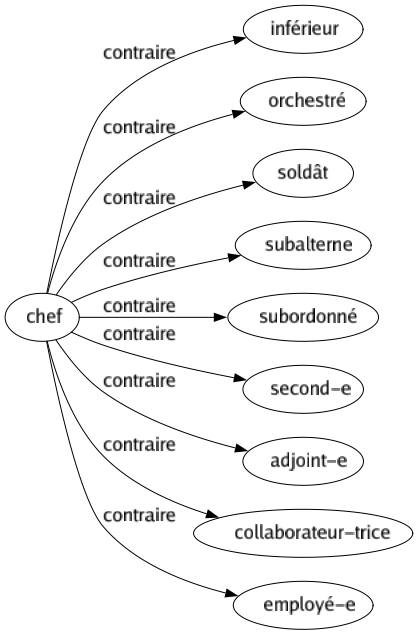 Contraire de Chef : Inférieur Orchestré Soldât Subalterne Subordonné Second-e Adjoint-e Collaborateur-trice Employé-e 