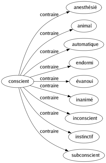 Contraire de Conscient : Anesthésié Animal Automatique Endormi Évanoui Inanimé Inconscient Instinctif Subconscient 