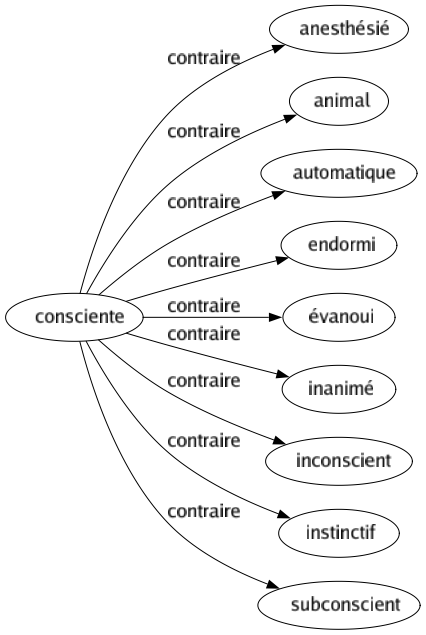 Contraire de Consciente : Anesthésié Animal Automatique Endormi Évanoui Inanimé Inconscient Instinctif Subconscient 