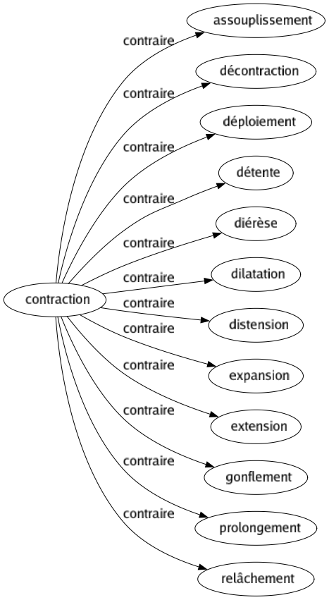 Contraire de Contraction : Assouplissement Décontraction Déploiement Détente Diérèse Dilatation Distension Expansion Extension Gonflement Prolongement Relâchement 