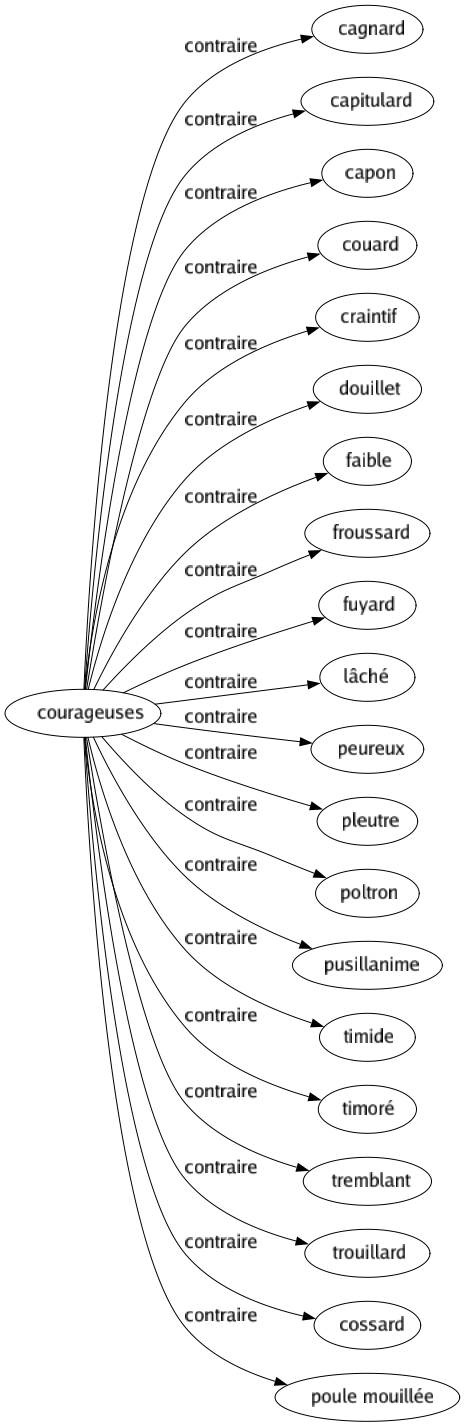 Contraire de Courageuses : Cagnard Capitulard Capon Couard Craintif Douillet Faible Froussard Fuyard Lâché Peureux Pleutre Poltron Pusillanime Timide Timoré Tremblant Trouillard Cossard Poule mouillée 