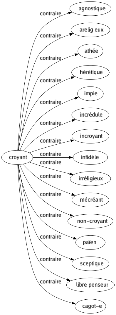 Contraire de Croyant : Agnostique Areligieux Athée Hérétique Impie Incrédule Incroyant Infidèle Irréligieux Mécréant Non-croyant Païen Sceptique Libre penseur Cagot-e 