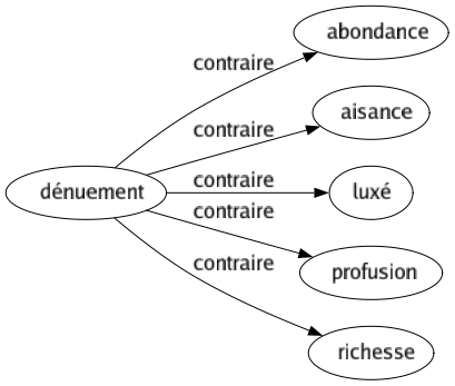 Contraire de Dénuement : Abondance Aisance Luxé Profusion Richesse 