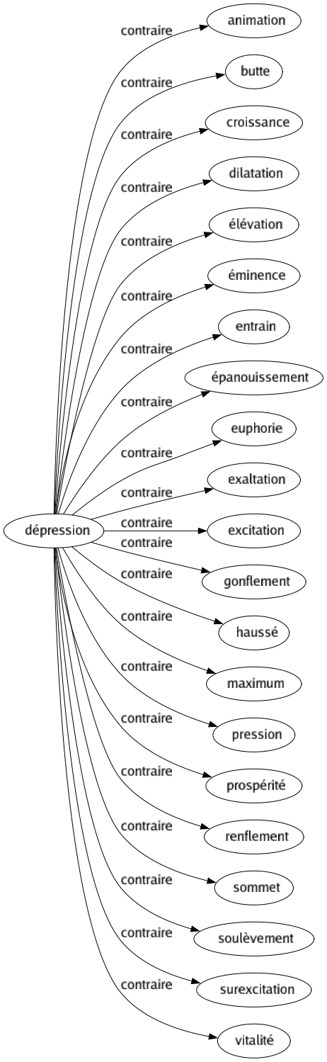 Contraire de Dépression : Animation Butte Croissance Dilatation Élévation Éminence Entrain Épanouissement Euphorie Exaltation Excitation Gonflement Haussé Maximum Pression Prospérité Renflement Sommet Soulèvement Surexcitation Vitalité 
