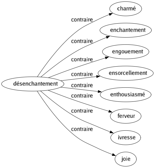 Contraire de Désenchantement : Charmé Enchantement Engouement Ensorcellement Enthousiasmé Ferveur Ivresse Joie 