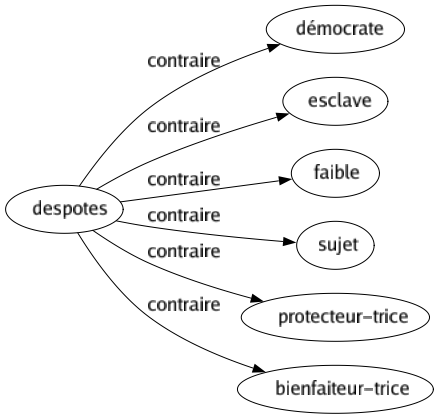 Contraire de Despotes : Démocrate Esclave Faible Sujet Protecteur-trice Bienfaiteur-trice 