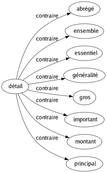 Contraire de Détail : Abrégé Ensemble Essentiel Généralité Gros Important Montant Principal 