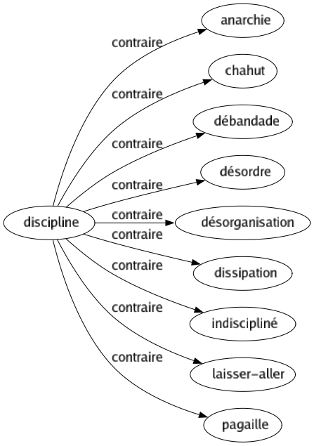 Contraire de Discipline : Anarchie Chahut Débandade Désordre Désorganisation Dissipation Indiscipliné Laisser-aller Pagaille 