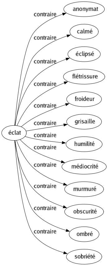 Contraire de Éclat : Anonymat Calmé Éclipsé Flétrissure Froideur Grisaille Humilité Médiocrité Murmuré Obscurité Ombré Sobriété 