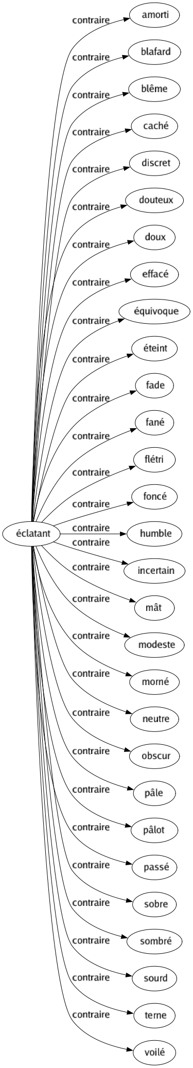 Contraire de Éclatant : Amorti Blafard Blême Caché Discret Douteux Doux Effacé Équivoque Éteint Fade Fané Flétri Foncé Humble Incertain Mât Modeste Morné Neutre Obscur Pâle Pâlot Passé Sobre Sombré Sourd Terne Voilé 