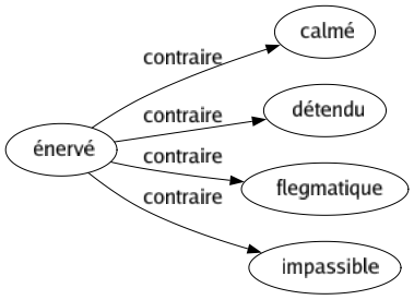 Contraire de Énervé : Calmé Détendu Flegmatique Impassible 