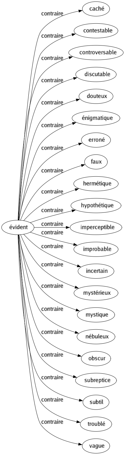 Contraire de Évident : Caché Contestable Controversable Discutable Douteux Énigmatique Erroné Faux Hermétique Hypothétique Imperceptible Improbable Incertain Mystérieux Mystique Nébuleux Obscur Subreptice Subtil Troublé Vague 