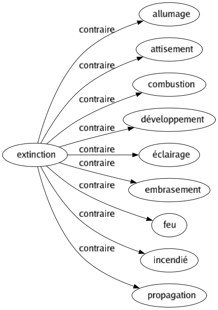 Contraire de Extinction : Allumage Attisement Combustion Développement Éclairage Embrasement Feu Incendié Propagation 