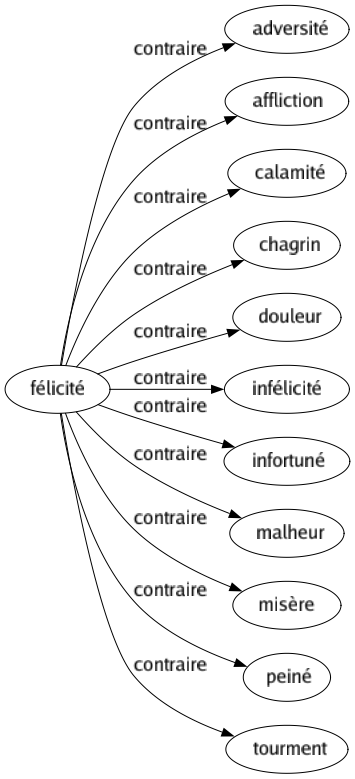 Contraire de Félicité : Adversité Affliction Calamité Chagrin Douleur Infélicité Infortuné Malheur Misère Peiné Tourment 