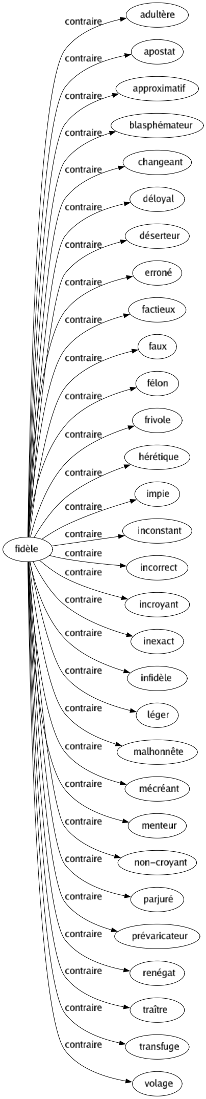 Contraire de Fidèle : Adultère Apostat Approximatif Blasphémateur Changeant Déloyal Déserteur Erroné Factieux Faux Félon Frivole Hérétique Impie Inconstant Incorrect Incroyant Inexact Infidèle Léger Malhonnête Mécréant Menteur Non-croyant Parjuré Prévaricateur Renégat Traître Transfuge Volage 