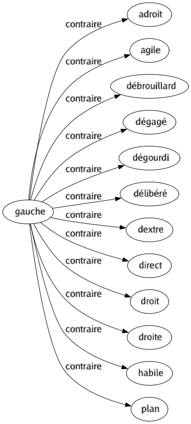 Contraire de Gauche : Adroit Agile Débrouillard Dégagé Dégourdi Délibéré Dextre Direct Droit Droite Habile Plan 