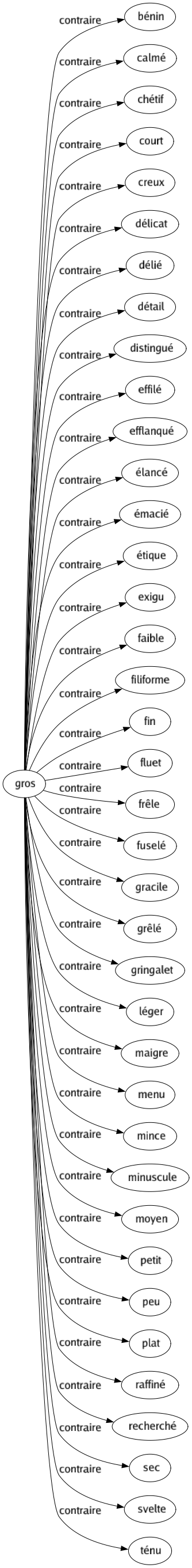 Contraire de Gros : Bénin Calmé Chétif Court Creux Délicat Délié Détail Distingué Effilé Efflanqué Élancé Émacié Étique Exigu Faible Filiforme Fin Fluet Frêle Fuselé Gracile Grêlé Gringalet Léger Maigre Menu Mince Minuscule Moyen Petit Peu Plat Raffiné Recherché Sec Svelte Ténu 