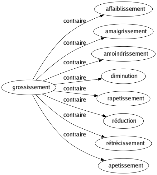 Contraire de Grossissement : Affaiblissement Amaigrissement Amoindrissement Diminution Rapetissement Réduction Rétrécissement Apetissement 