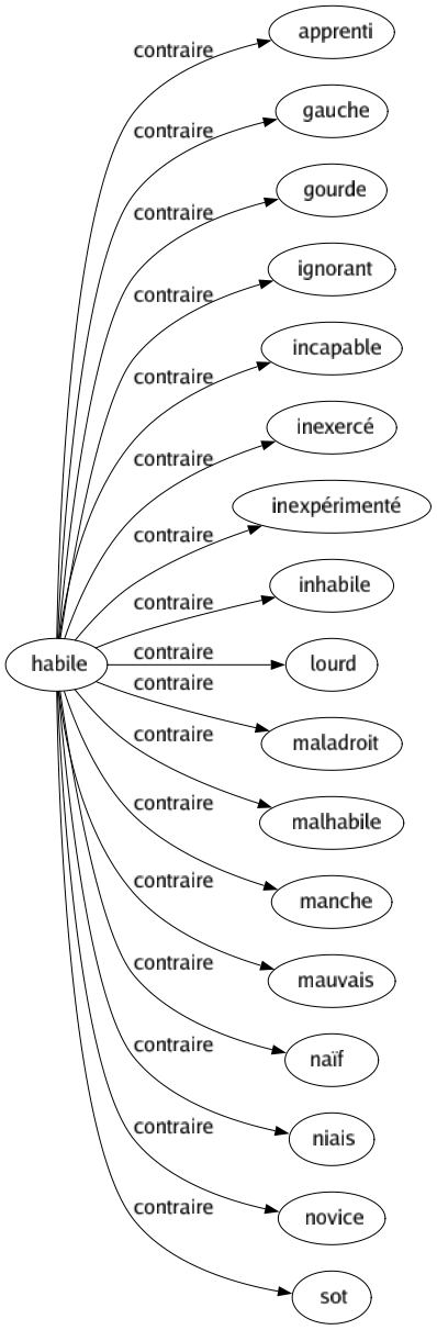 Contraire de Habile : Apprenti Gauche Gourde Ignorant Incapable Inexercé Inexpérimenté Inhabile Lourd Maladroit Malhabile Manche Mauvais Naïf Niais Novice Sot 