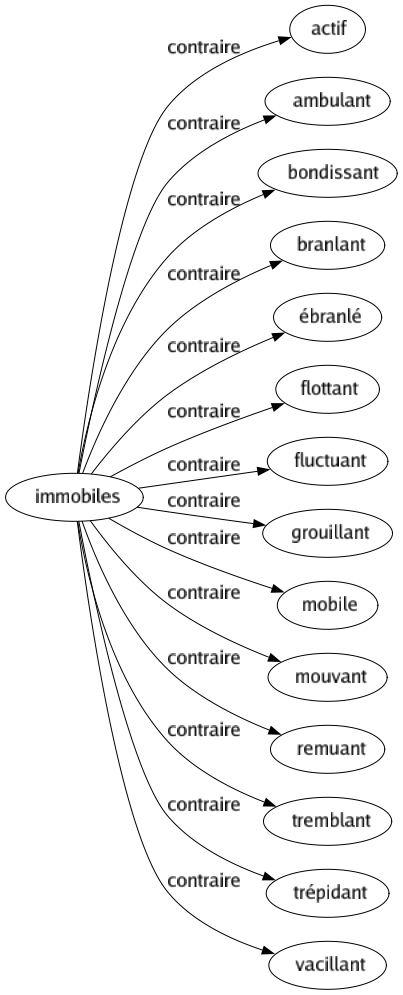 Contraire de Immobiles : Actif Ambulant Bondissant Branlant Ébranlé Flottant Fluctuant Grouillant Mobile Mouvant Remuant Tremblant Trépidant Vacillant 