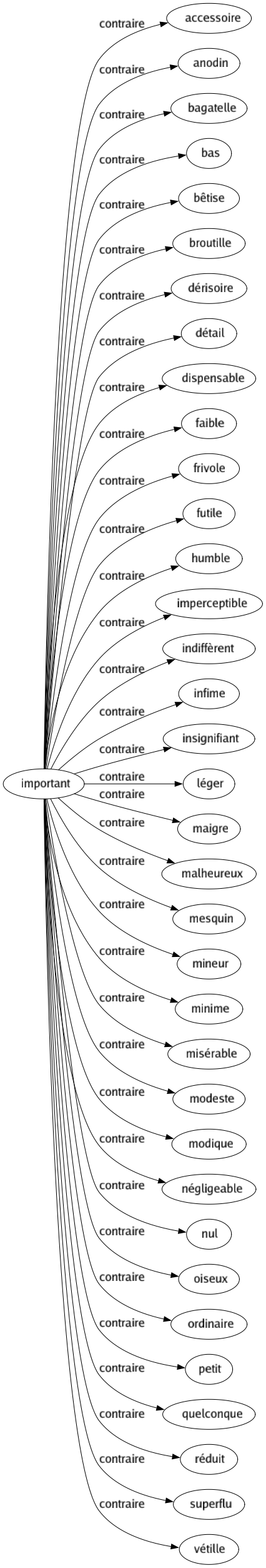 Contraire de Important : Accessoire Anodin Bagatelle Bas Bêtise Broutille Dérisoire Détail Dispensable Faible Frivole Futile Humble Imperceptible Indiffèrent Infime Insignifiant Léger Maigre Malheureux Mesquin Mineur Minime Misérable Modeste Modique Négligeable Nul Oiseux Ordinaire Petit Quelconque Réduit Superflu Vétille 