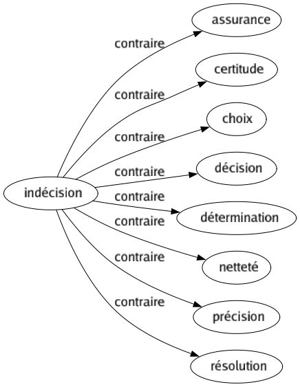 Contraire de Indécision : Assurance Certitude Choix Décision Détermination Netteté Précision Résolution 