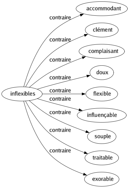 Contraire de Inflexibles : Accommodant Clément Complaisant Doux Flexible Influençable Souple Traitable Exorable 