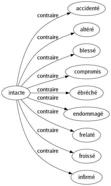 Contraire de Intacte : Accidenté Altéré Blessé Compromis Ébréché Endommagé Frelaté Froissé Infirmé 