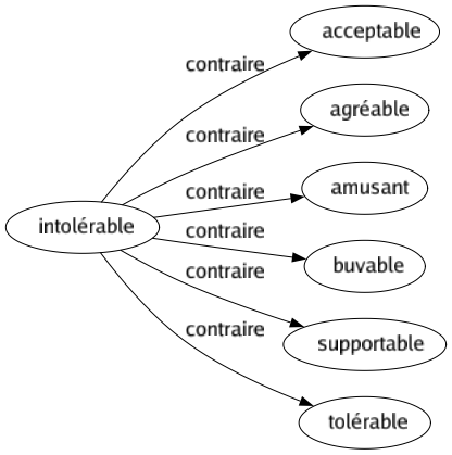 Contraire de Intolérable : Acceptable Agréable Amusant Buvable Supportable Tolérable 