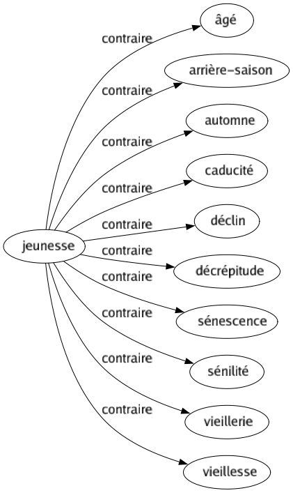 Contraire de Jeunesse : Âgé Arrière-saison Automne Caducité Déclin Décrépitude Sénescence Sénilité Vieillerie Vieillesse 