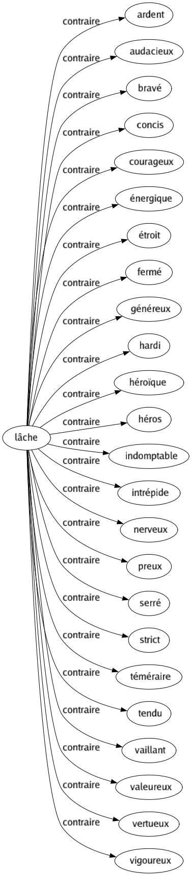 Contraire de Lâche : Ardent Audacieux Bravé Concis Courageux Énergique Étroit Fermé Généreux Hardi Héroïque Héros Indomptable Intrépide Nerveux Preux Serré Strict Téméraire Tendu Vaillant Valeureux Vertueux Vigoureux 