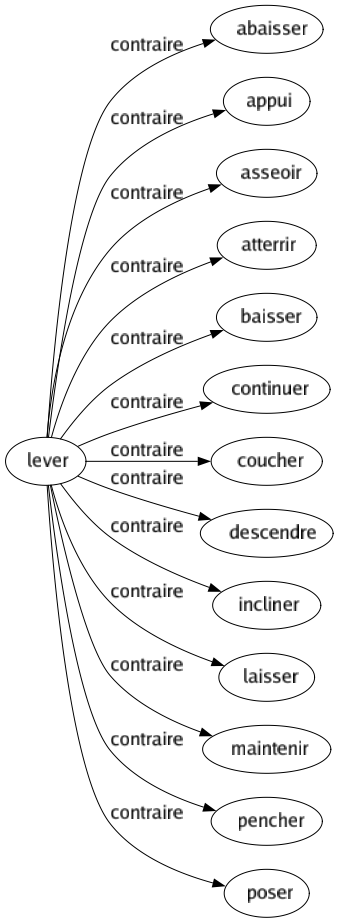 Contraire de Lever : Abaisser Appui Asseoir Atterrir Baisser Continuer Coucher Descendre Incliner Laisser Maintenir Pencher Poser 