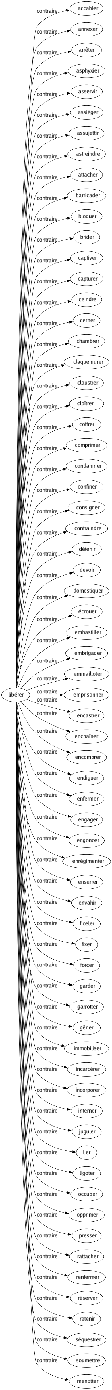 Contraire de Libérer : Accabler Annexer Arrêter Asphyxier Asservir Assiéger Assujettir Astreindre Attacher Barricader Bloquer Brider Captiver Capturer Ceindre Cerner Chambrer Claquemurer Claustrer Cloîtrer Coffrer Comprimer Condamner Confiner Consigner Contraindre Détenir Devoir Domestiquer Écrouer Embastiller Embrigader Emmailloter Emprisonner Encastrer Enchaîner Encombrer Endiguer Enfermer Engager Engoncer Enrégimenter Enserrer Envahir Ficeler Fixer Forcer Garder Garrotter Gêner Immobiliser Incarcérer Incorporer Interner Juguler Lier Ligoter Occuper Opprimer Presser Rattacher Renfermer Réserver Retenir Séquestrer Soumettre Menotter 