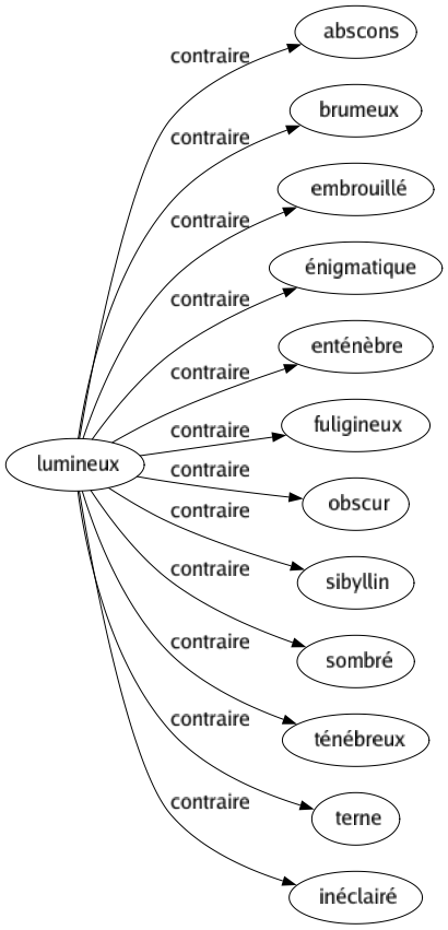 Contraire de Lumineux : Abscons Brumeux Embrouillé Énigmatique Enténèbre Fuligineux Obscur Sibyllin Sombré Ténébreux Terne Inéclairé 