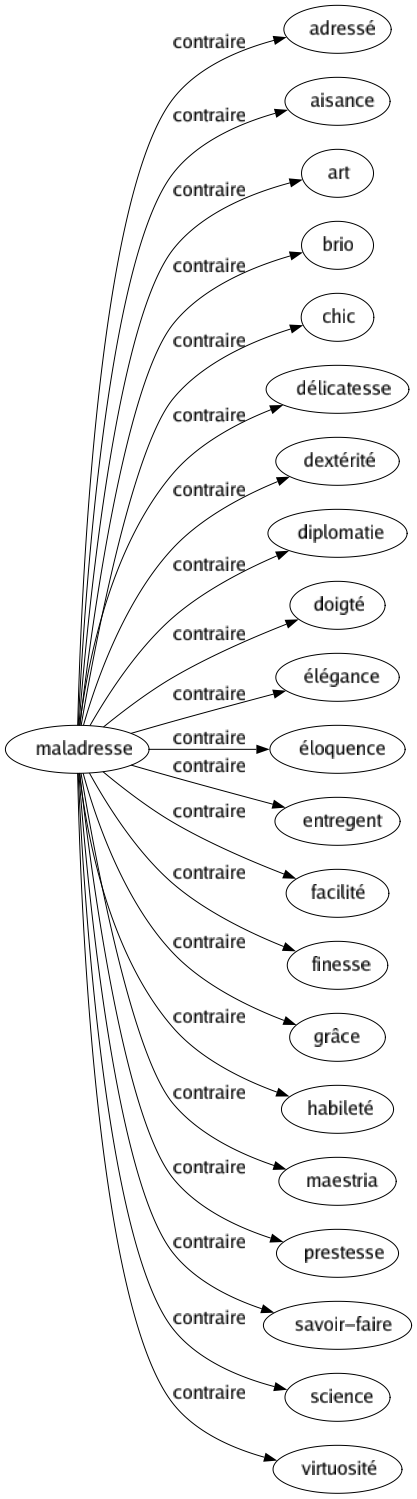 Contraire de Maladresse : Adressé Aisance Art Brio Chic Délicatesse Dextérité Diplomatie Doigté Élégance Éloquence Entregent Facilité Finesse Grâce Habileté Maestria Prestesse Savoir-faire Science Virtuosité 